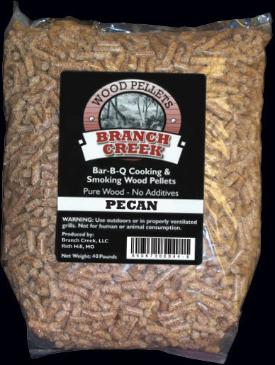 A bag of pecan wood pellets from branch creek