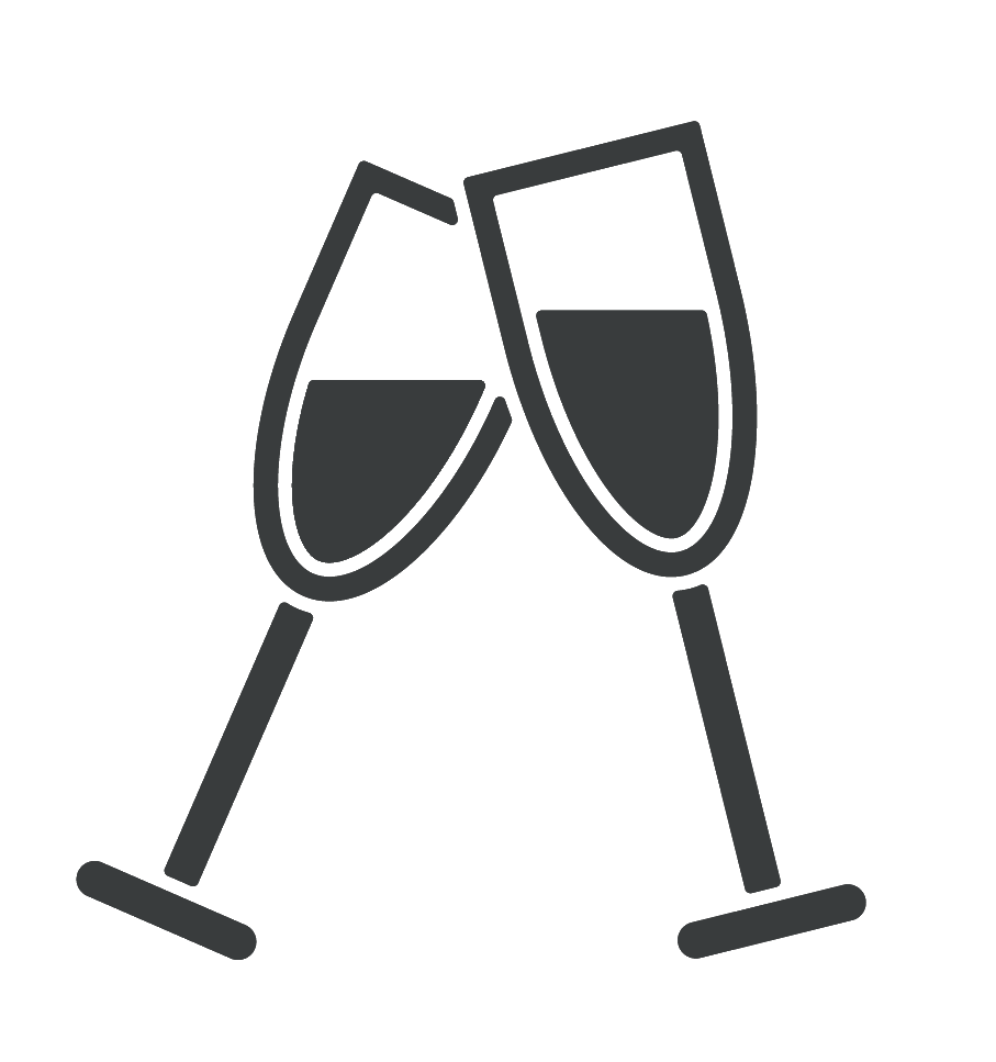 Two champagne glasses are toasting each other on a white background.