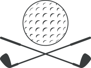 A golf ball is sitting on top of two crossed golf clubs.