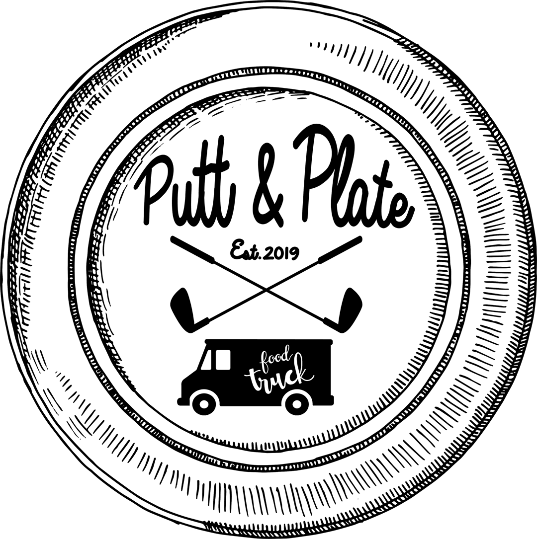 A black and white logo for a food truck called putt & plate.