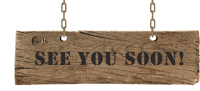 A wooden sign hanging from chains that says see you soon
