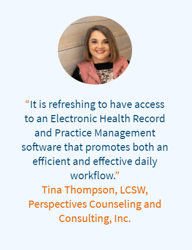 Happy Smiling Client photo and Client Testimony from Tine Thompson about EHR and Practice Management increasing efficiency