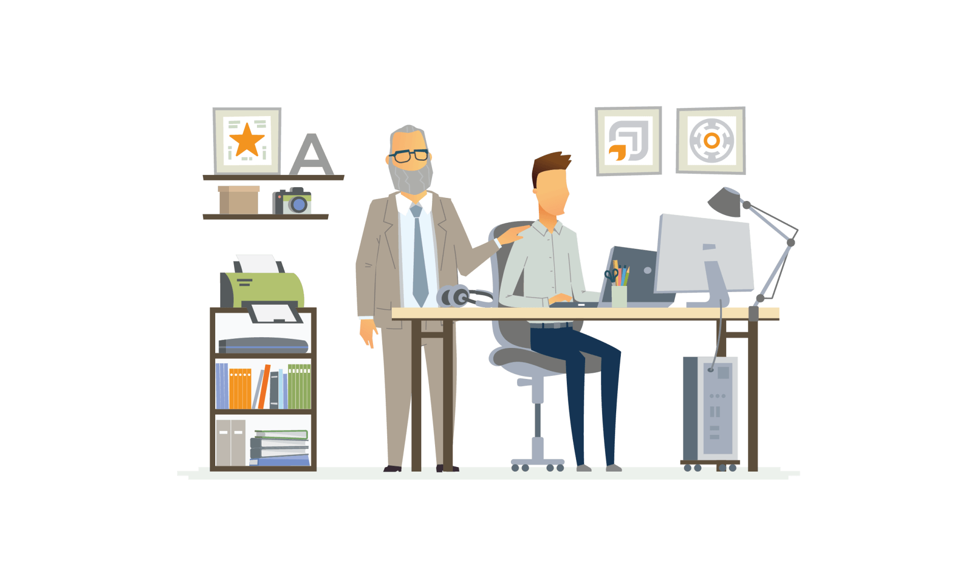 Employee at desk on Laptop working with Boss managing employee over the shoulder