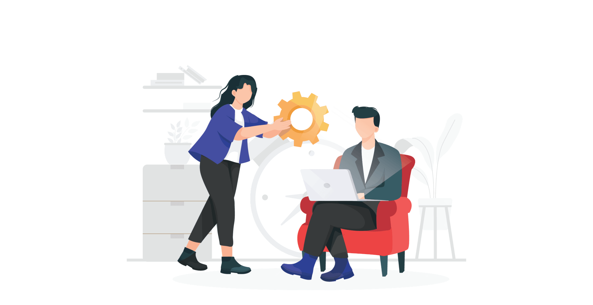 Man sitting on chair on laptop with lady holding a timeclock