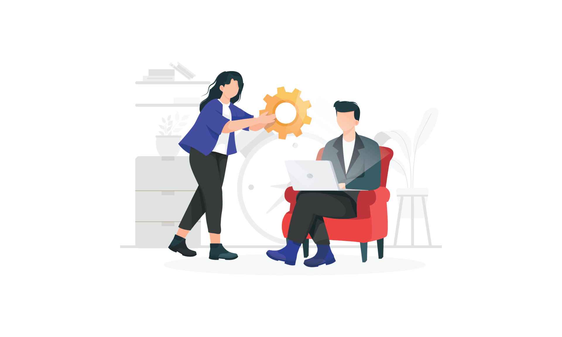 Man sitting on chair on laptop with lady holding a timeclock