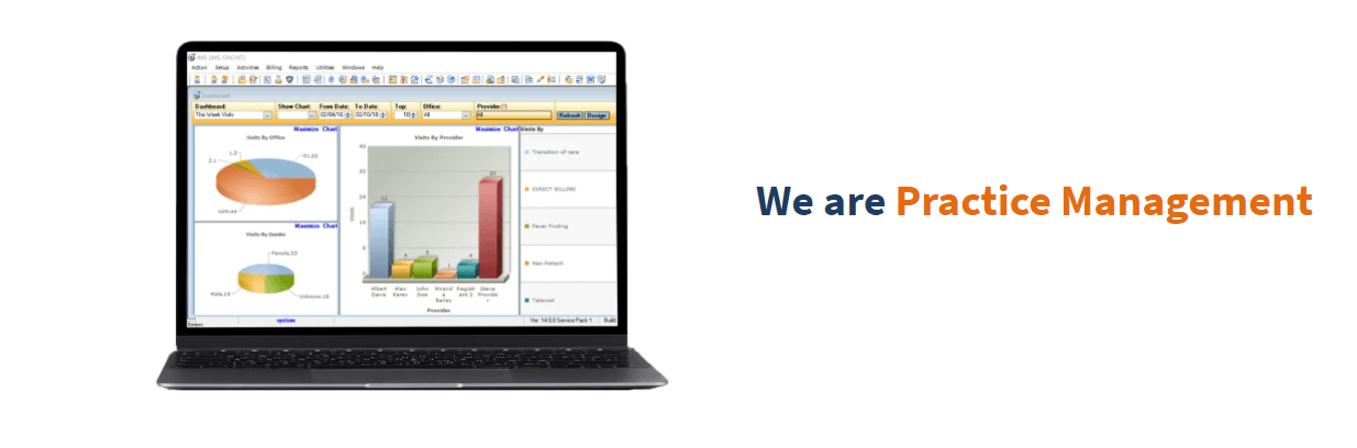 Laptop with Practice Management Software on the screen with text beside saying 'We are Practice Management'