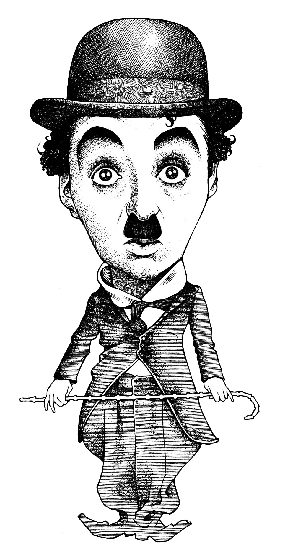 A black and white drawing of a man wearing a hat and tie.