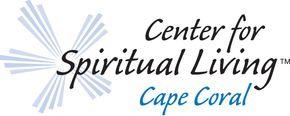 Logo: Center for Spiritual Living, Cape Coral; text in black and teal, with a sunburst graphic.