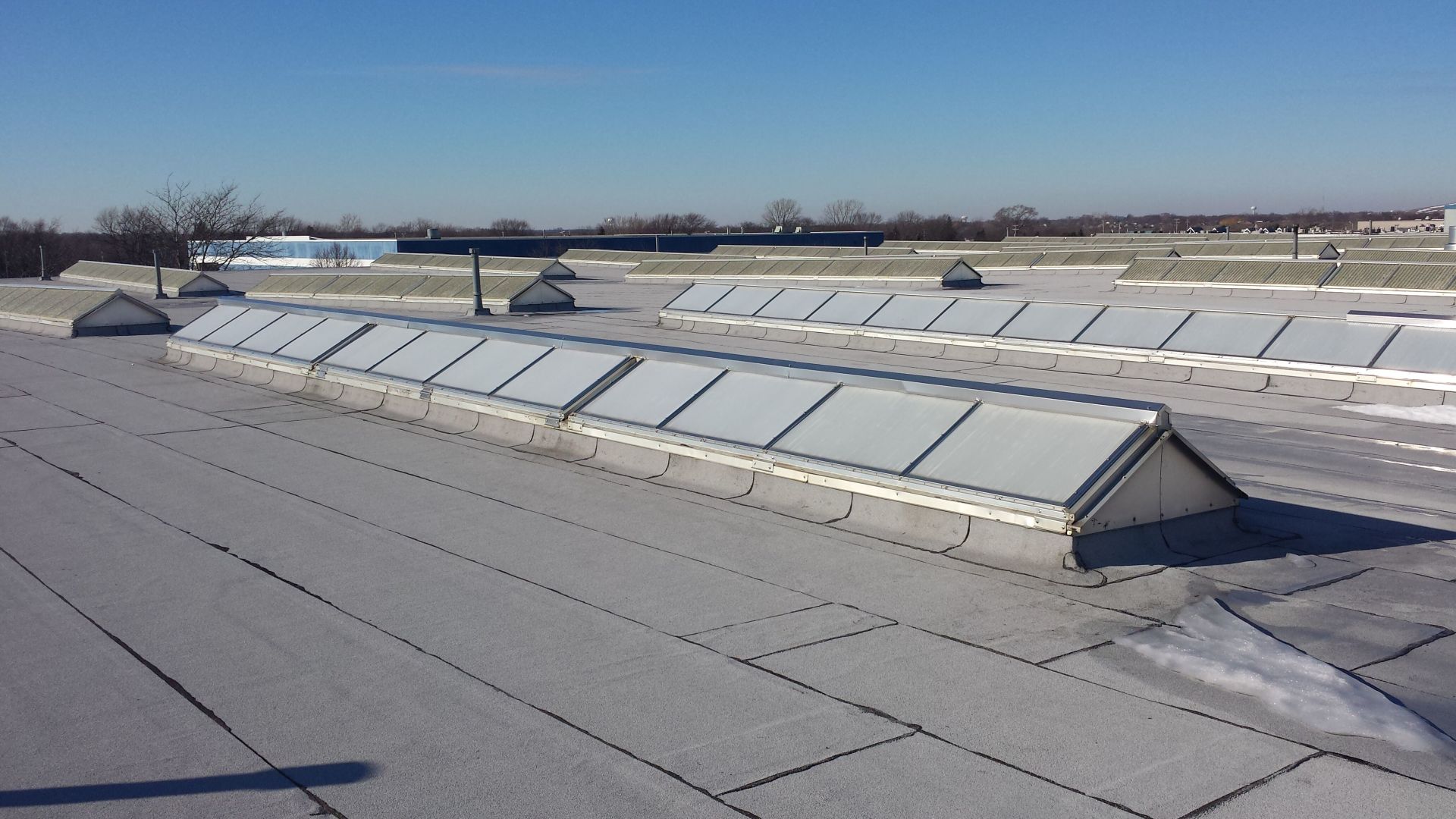 A roof with a lot of skylights on it