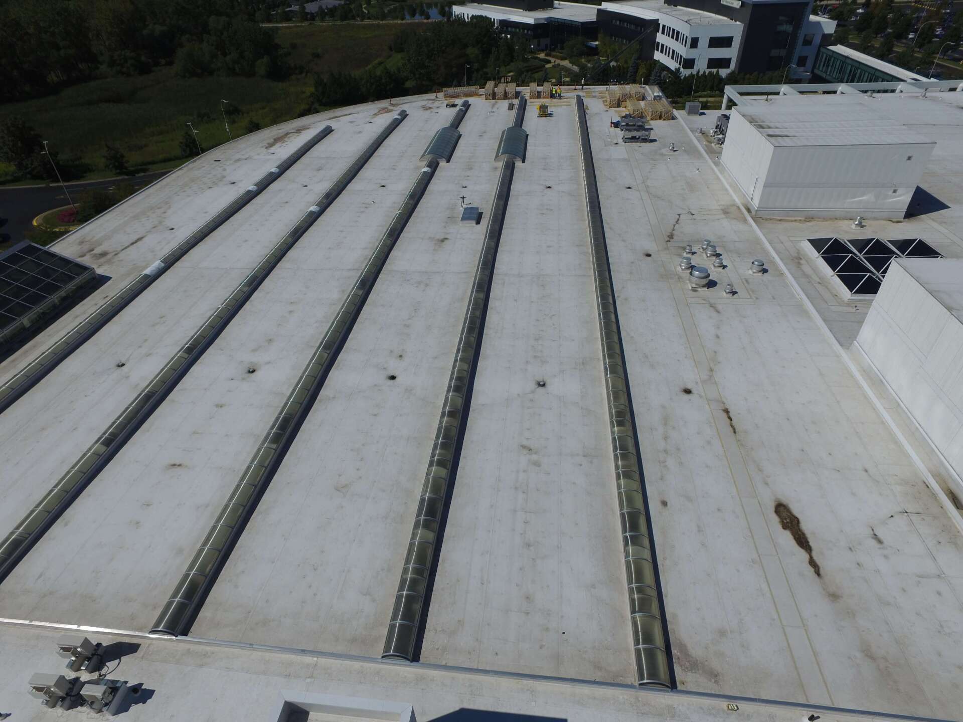 An aerial view of the roof of a building