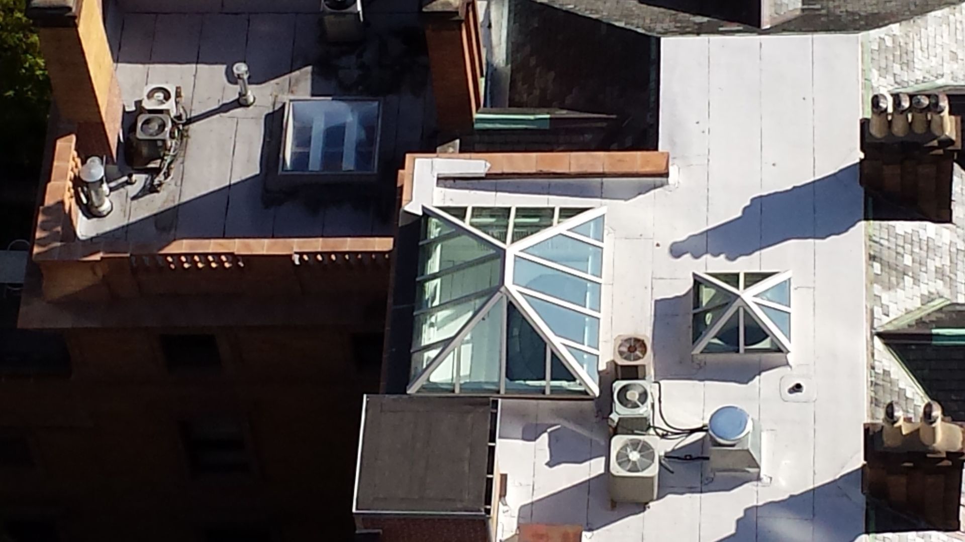 An aerial view of the roof of a building