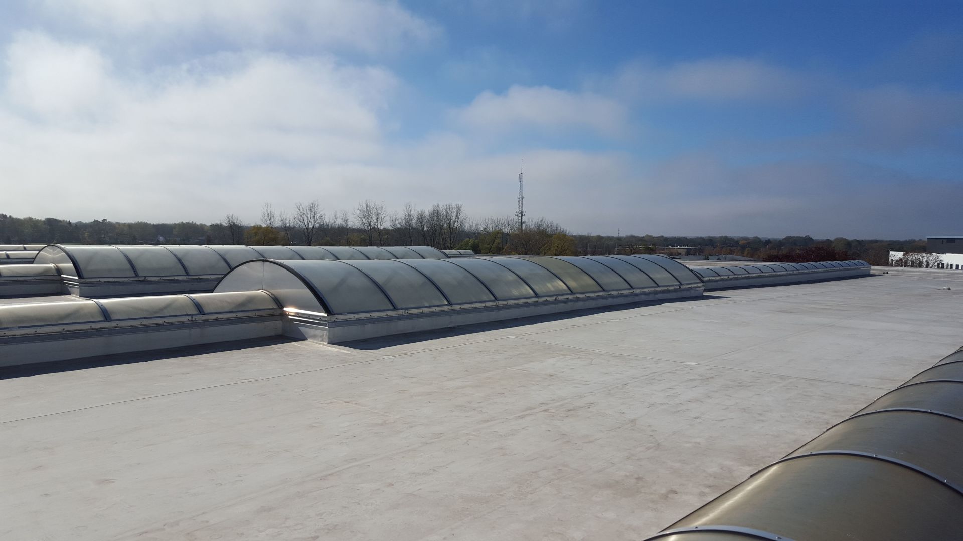 The roof of a building with a lot of skylights on it.