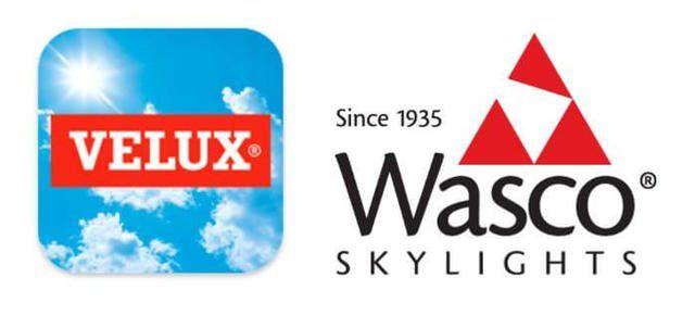 Two logos for velux and wasco skylights on a white background