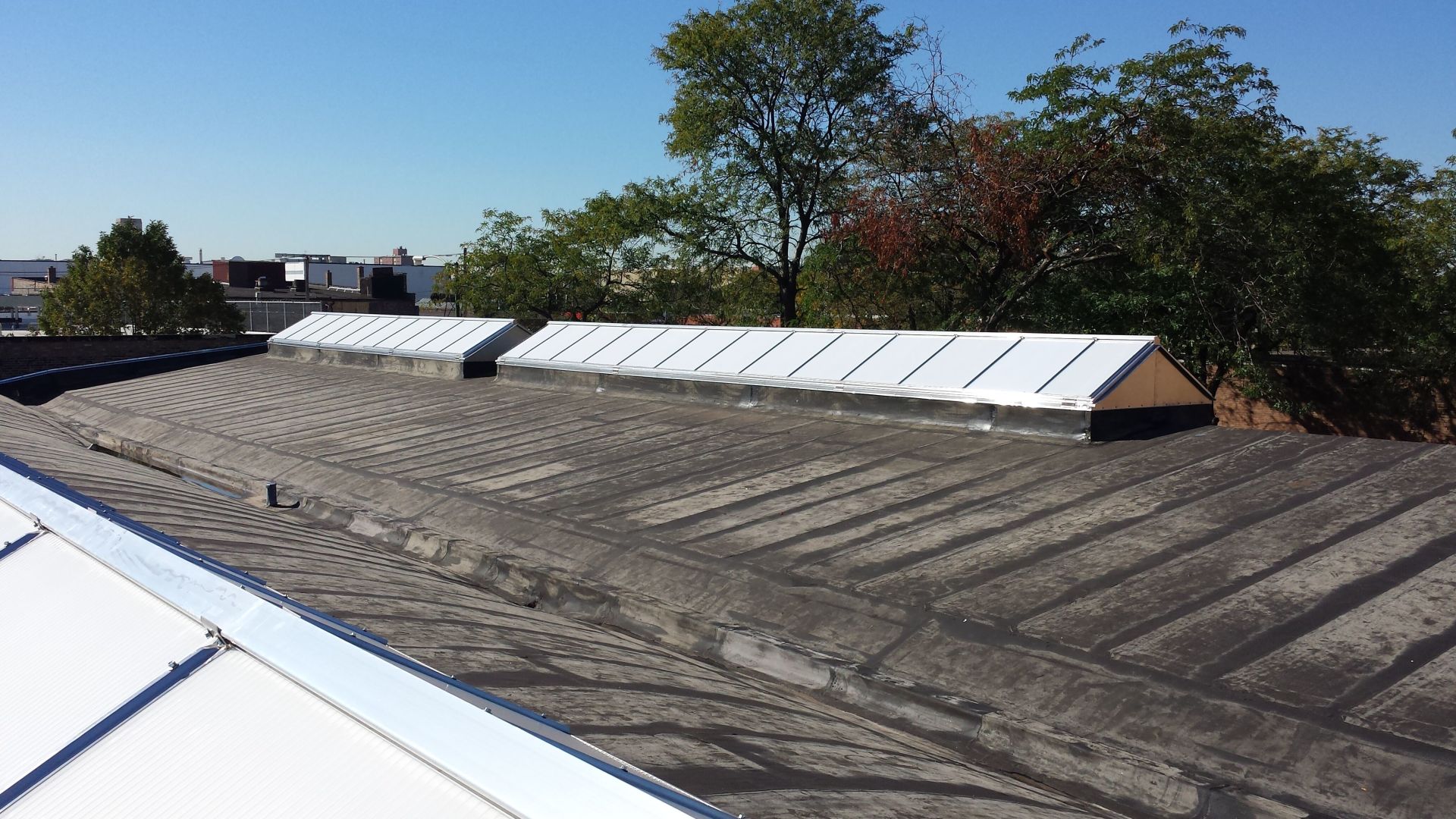 A roof with a lot of skylights on it