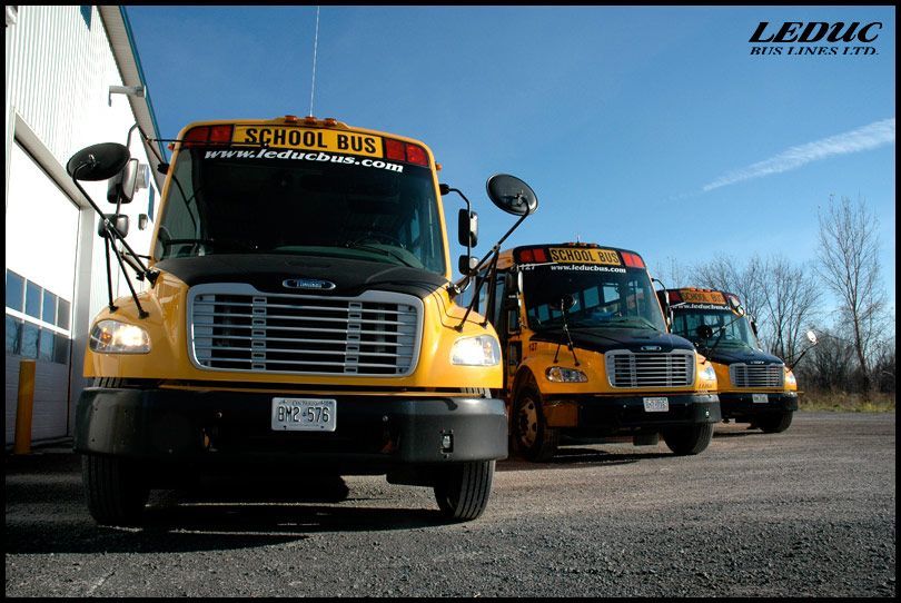 A row of school buses are parked next to each other