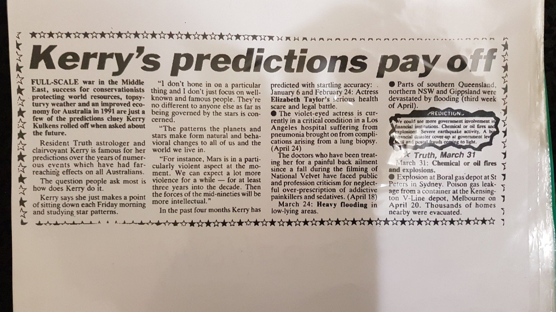 A newspaper article about kerry 's predictions paying off