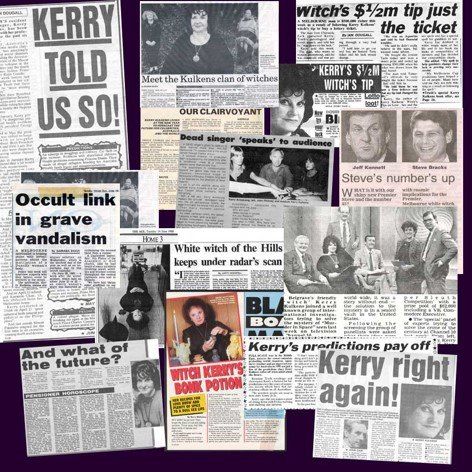 A collage of newspaper clippings featuring headlines and photos focused on a psychic named Kerry and various occult topics.