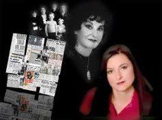 A woman is standing in front of a collage of photos of her family.