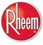 Rheem logo in white text on a red circular background