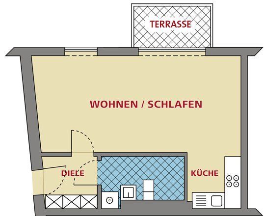 Grundriss eines Studio-Apartments mit Wohn-/Schlafbereich, Küche, Bad und Balkon.
