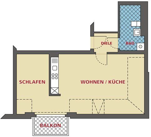 Grundriss einer Wohnung mit Schlafzimmer, Wohn-/Küchenbereich, Bad, Balkon und Flur.