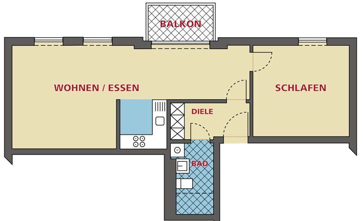 Grundriss einer Wohnung mit den Raumbezeichnungen: Wohnen/Esszimmer, Schlafzimmer, Flur, Küche und Balkon.