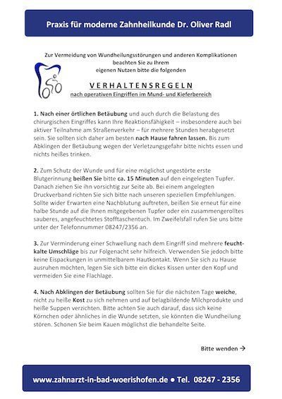 Verhaltensregeln nach einer Op von Dr. Oliver Radl, Zahnarzt in Bad Wörishofen Verhaltensregeln nach einer Op von Dr. Oliver Radl, Zahnarzt in Bad Wörishofen