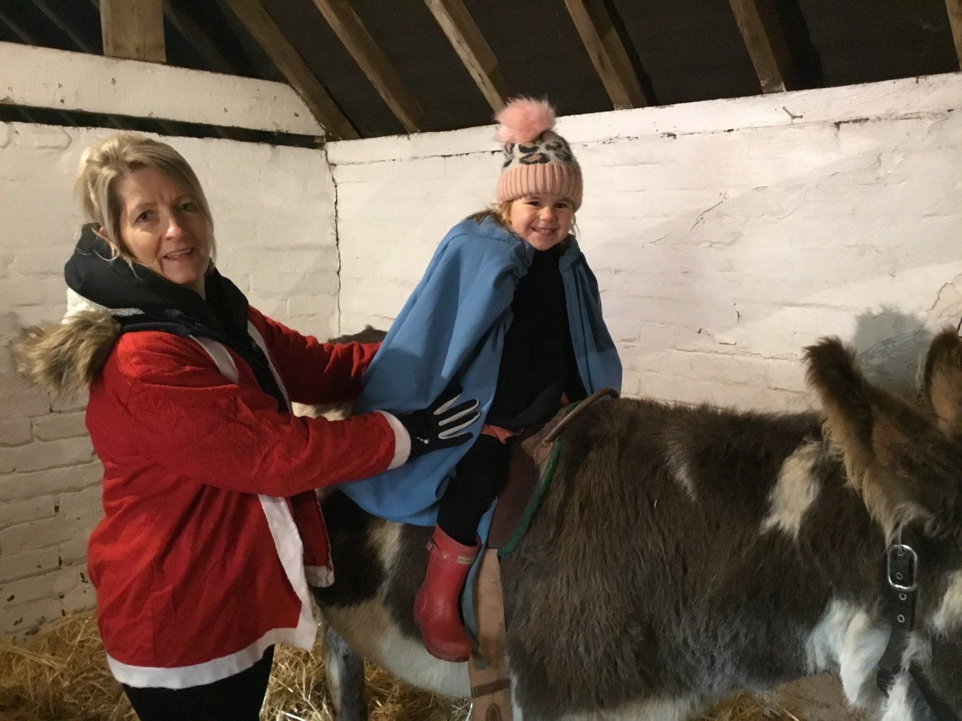 Two people smiling while riding a small donkey indoors, one in a red coat and one in a blue blanket.
