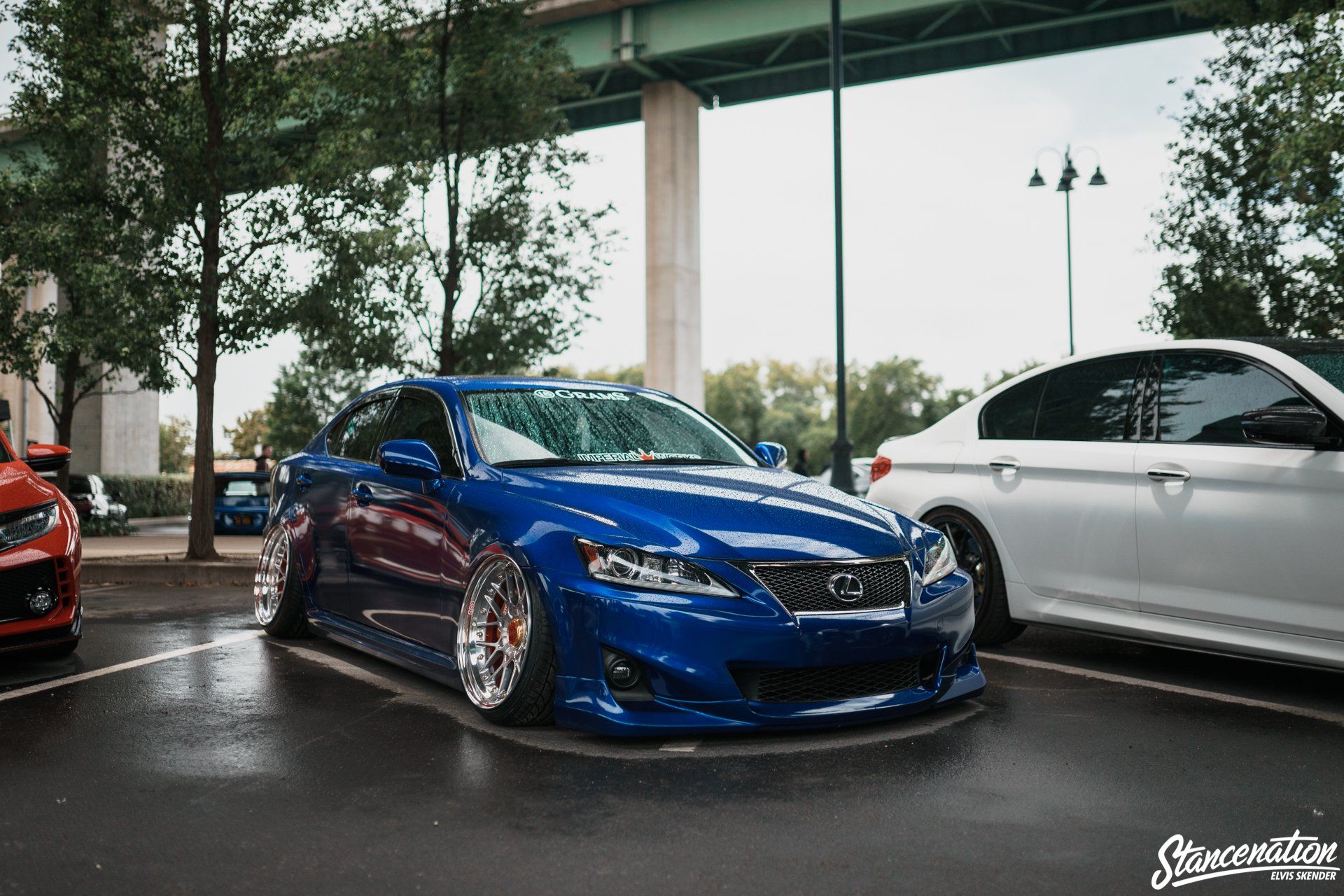 A blue car is parked next to a white car in a parking lot.