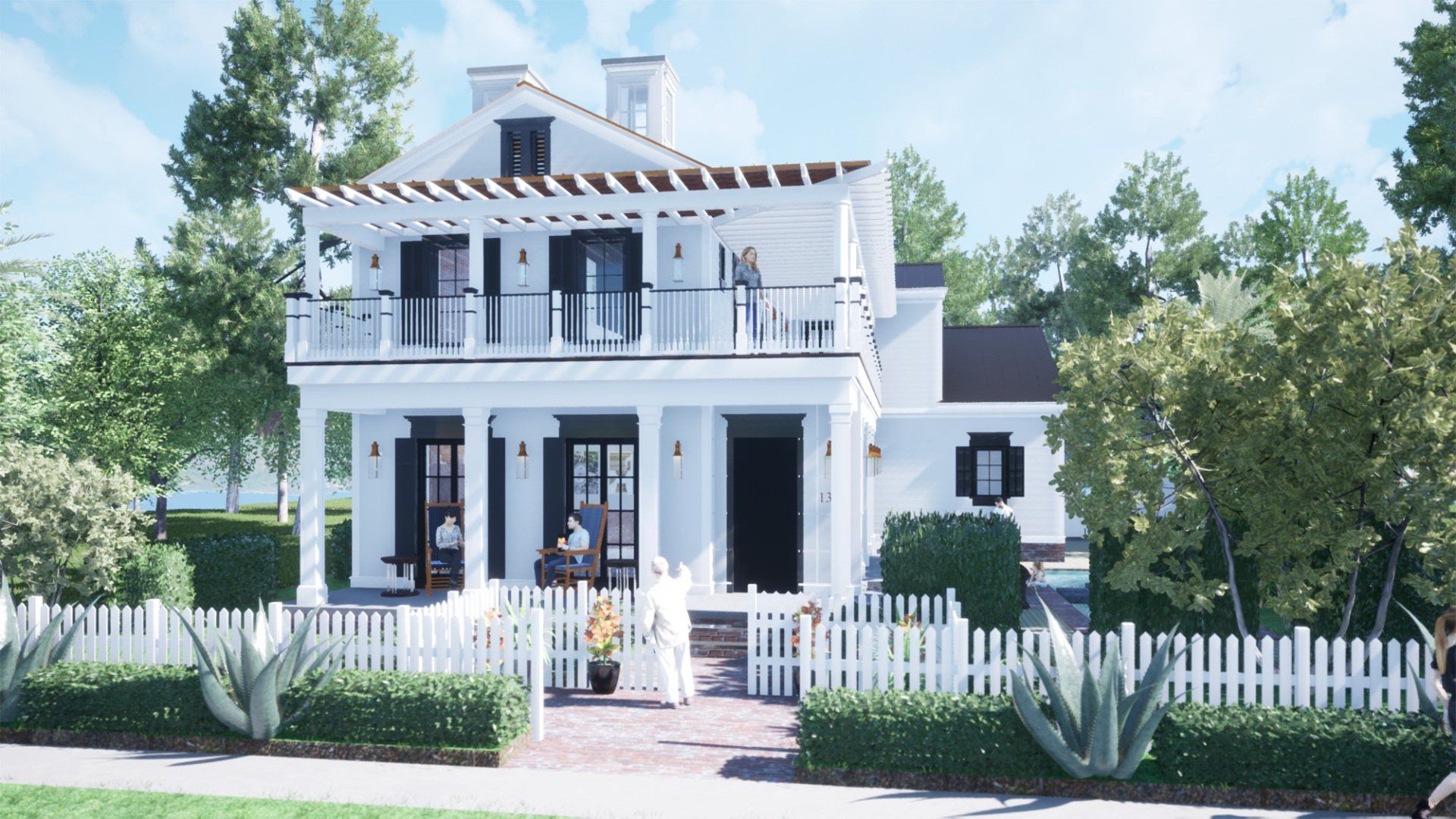 a large white house with a white picket fence in front of it .