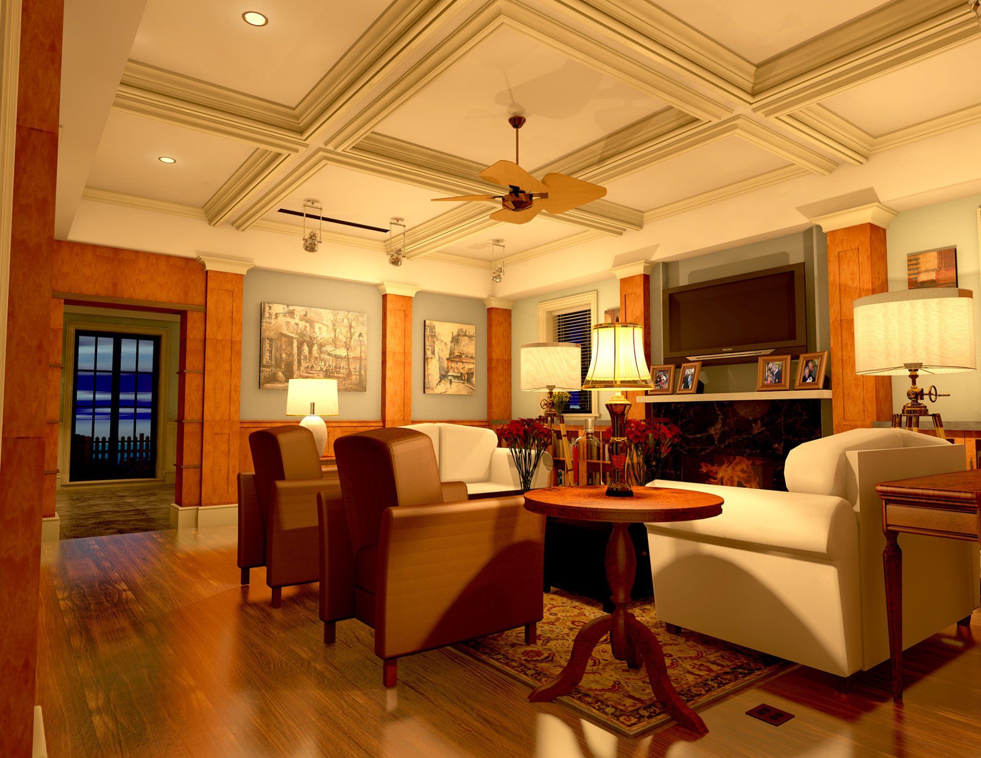 a living room filled with furniture and a ceiling fan
