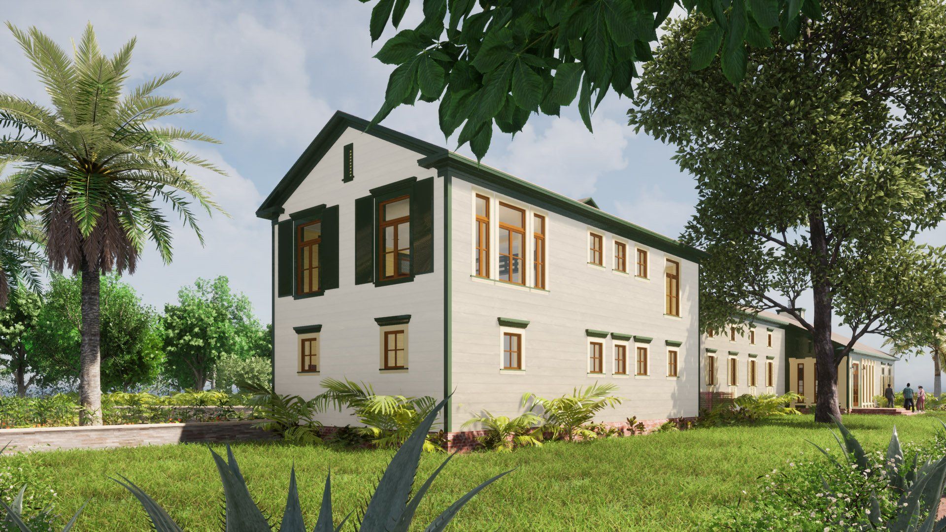 a white house with black shutters is surrounded by trees and grass .