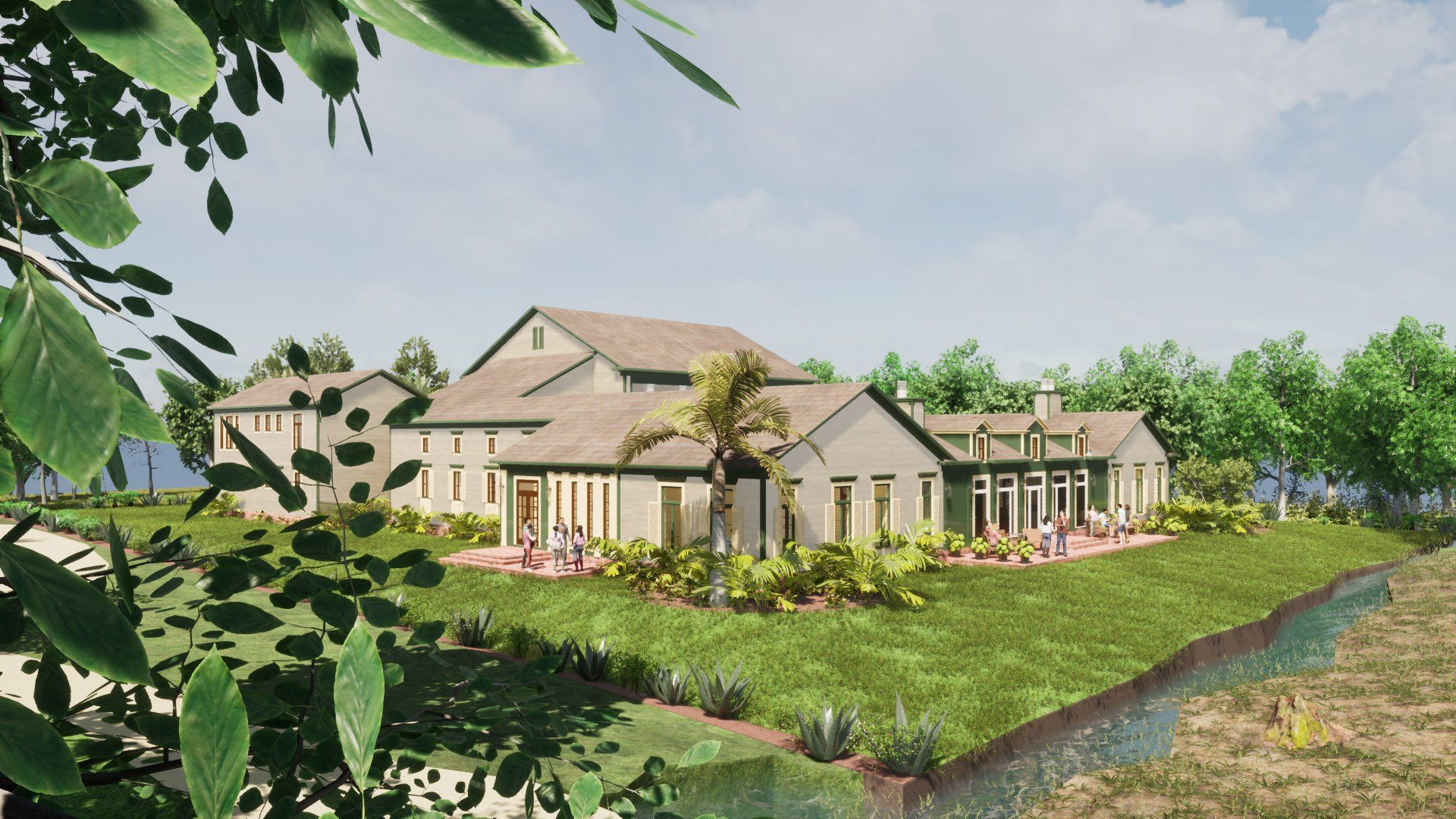 an artist 's impression of a large house surrounded by trees and grass .