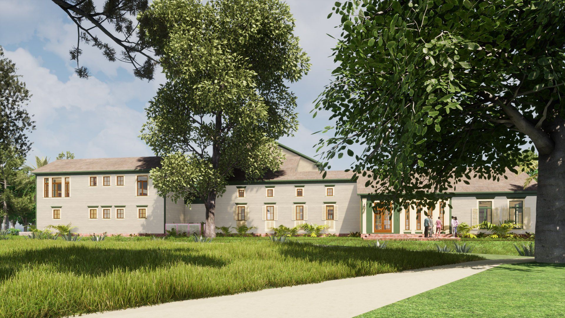 an artist 's impression of a house with trees in front of it .