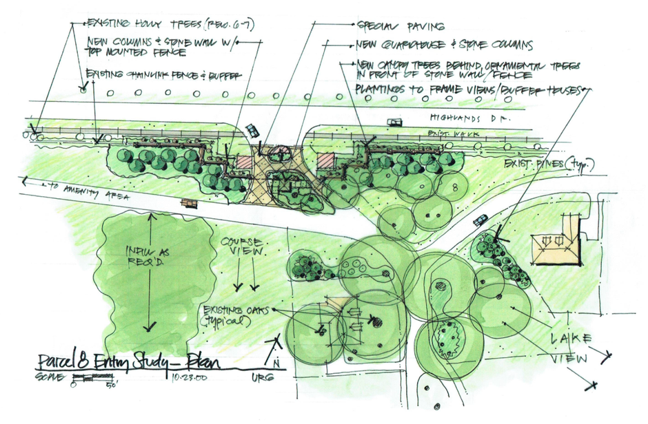 a drawing of a park with trees and a house in the background
