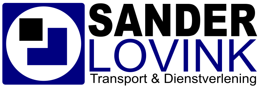 Sander Lovink-logo met blauw-wit icoon en zwart-blauwe tekst, Transport & Dienstverlening