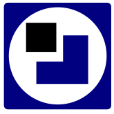 Blauw vierkant logo met een witte cirkel en zwarte en blauwe geometrische blokken erin.