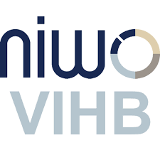 Niwo VIHB-logo in marineblauw, lichtblauw en beige op een witte achtergrond