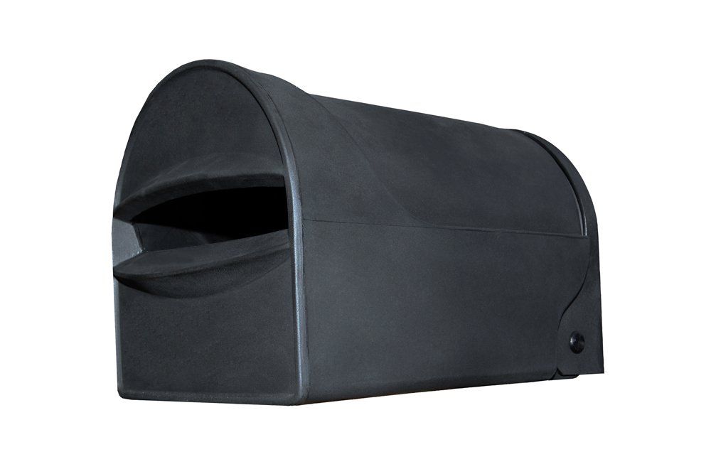 A black, rural residential mailbox with a front-facing mail slot on a white background. Tuffies unbreakable range NZ and Australia.