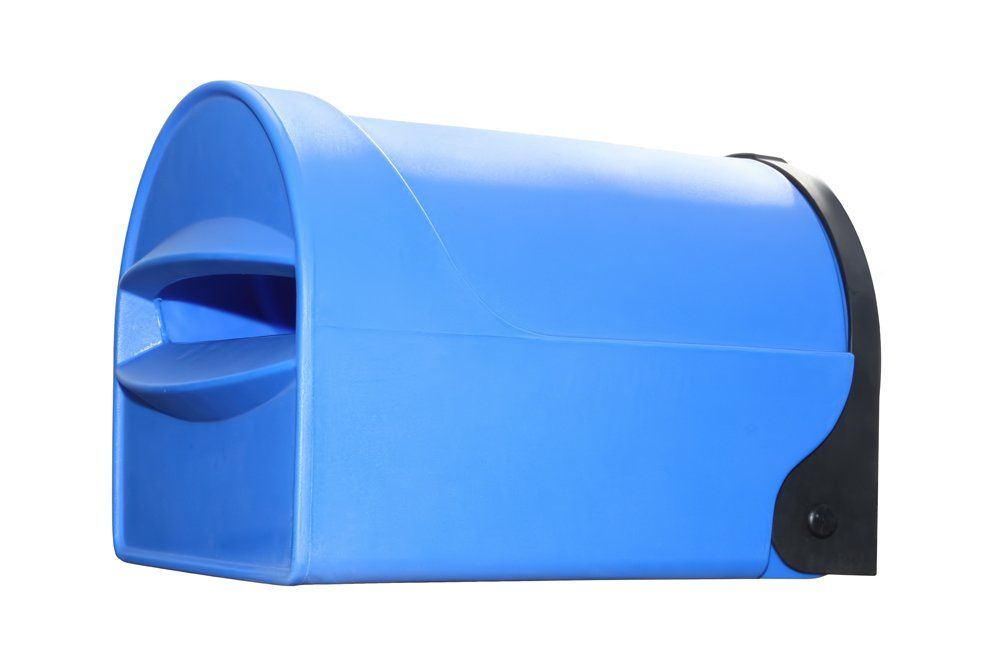 A blue, rural, coastal and urban residential mailbox with a front-facing mail slot on a white background. Tuffies unbreakable range NZ and Australia.