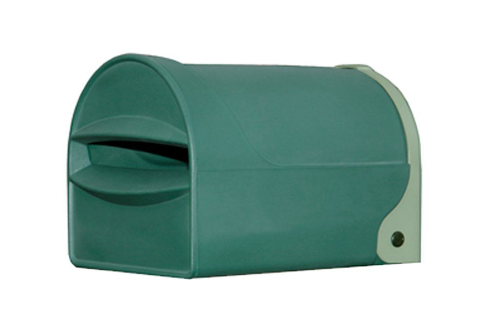 A green, rural, coastal and urban residential mailbox with a front-facing mail slot on a white background. Tuffies unbreakable range NZ and Australia.