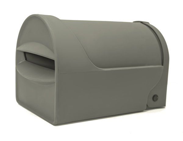 A grey, residential mailbox with a front-facing mail slot on a white background. Tuffies unbreakable range NZ and Australia.