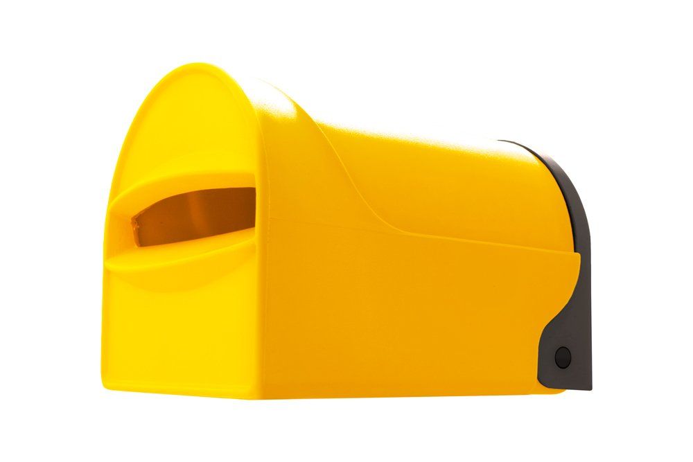 A yellow, rural residential mailbox with a front-facing mail slot on a white background. Tuffies unbreakable range NZ and Australia.