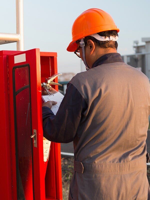 Safety Officials Checking Fire Extinguisher — East-West Fire Services In Garbutt, QLD