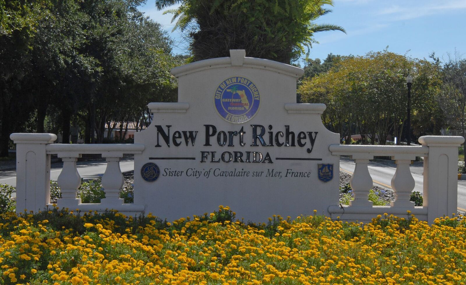 A sign for new port richey florida is surrounded by yellow flowers