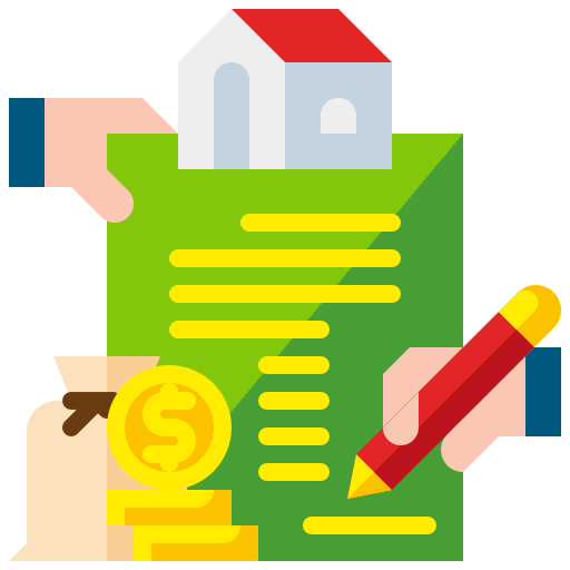 Cartoon hand signing a mortgage statement with money and house graphics
