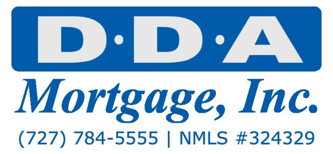 A blue and white logo for d.d.a mortgage inc.