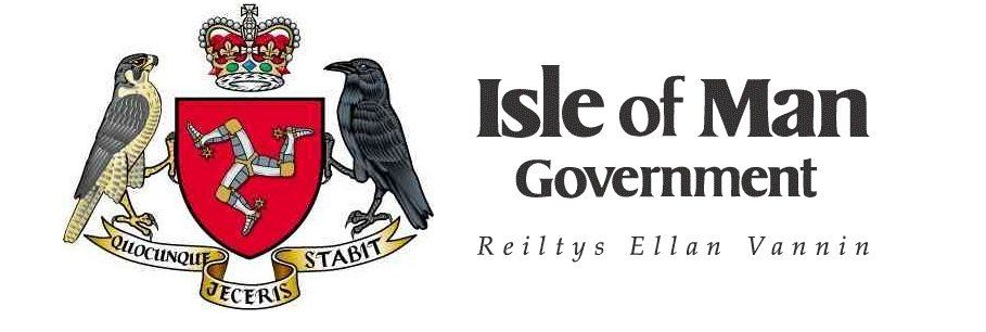 Isle of Man Government logo. Features coat of arms with a three-legged symbol, falcon, raven, and text.