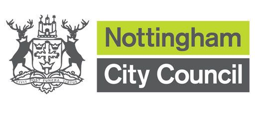 Nottingham City Council logo: Coat of arms with stags and text in green and gray boxes.