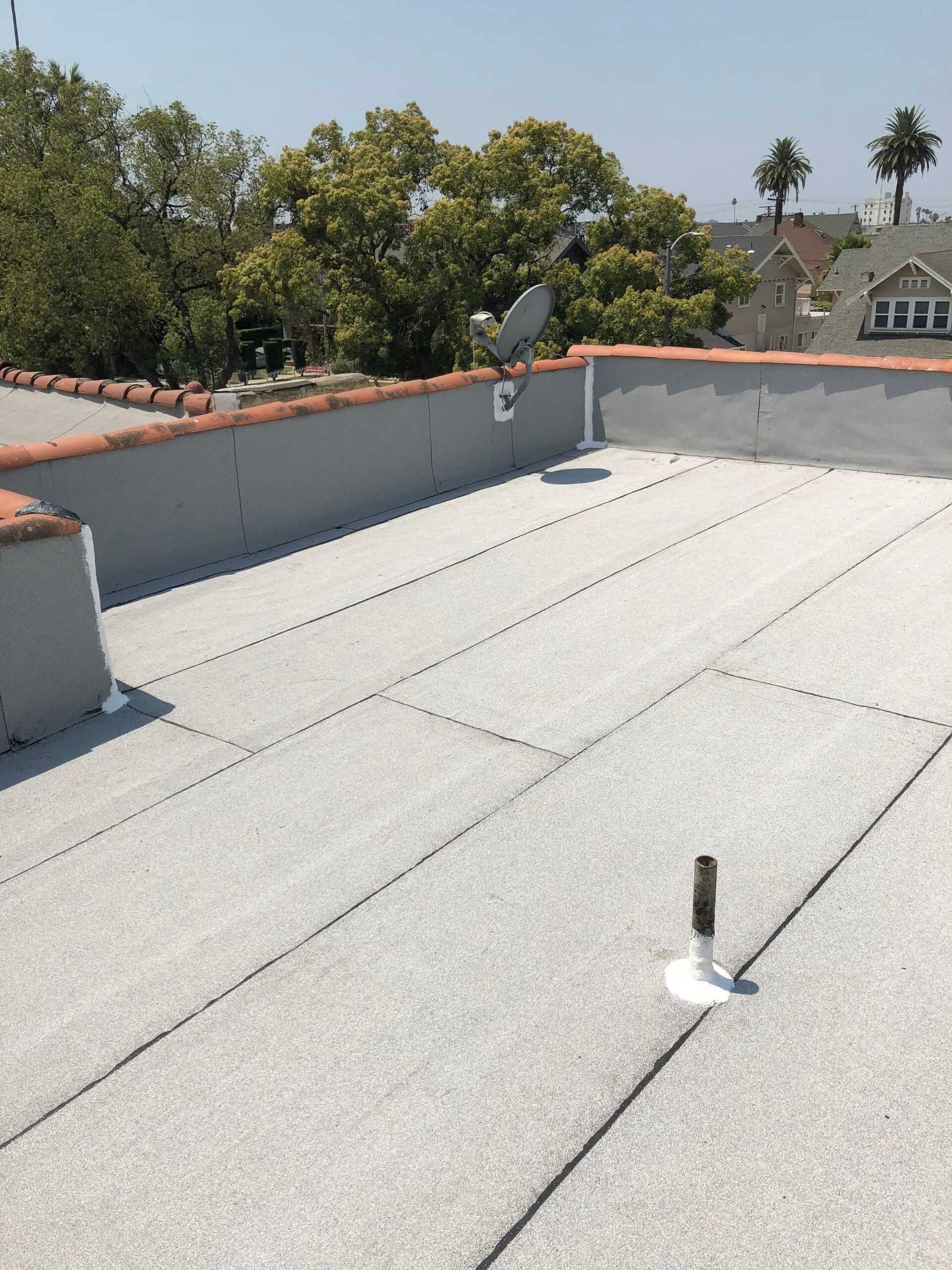 Flat white rooftop with parapet walls, vent pipe, and trees in the distance.